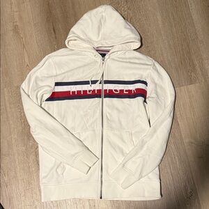 Tommy Hilfiger White Zip-Up Hoodie with Navy and Red Chest Stripe